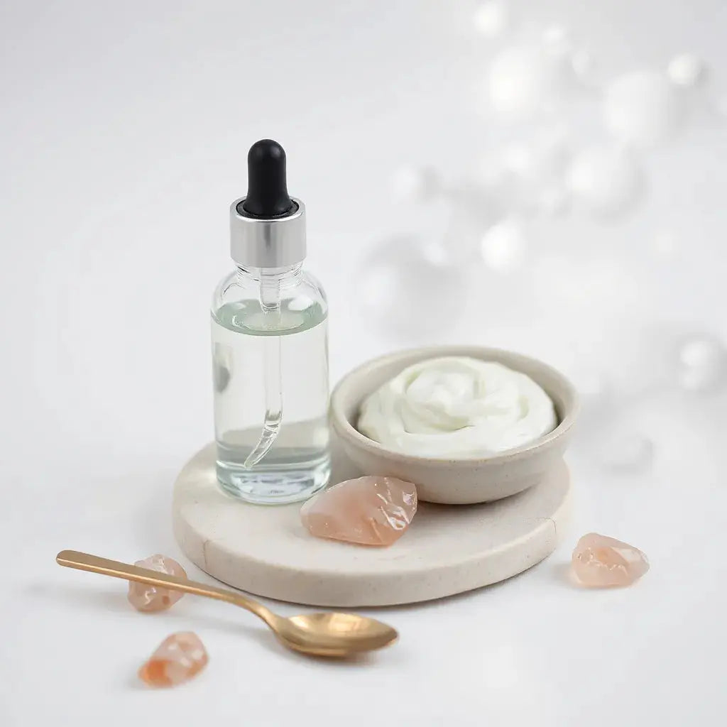 Glass serum dropper and cream swatch with soft molecular bokeh on a clean skincare background