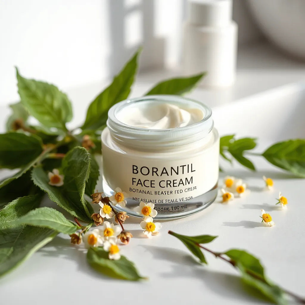 Botanical face cream jar with creamy texture and fresh leaves on a clean, minimal vanity