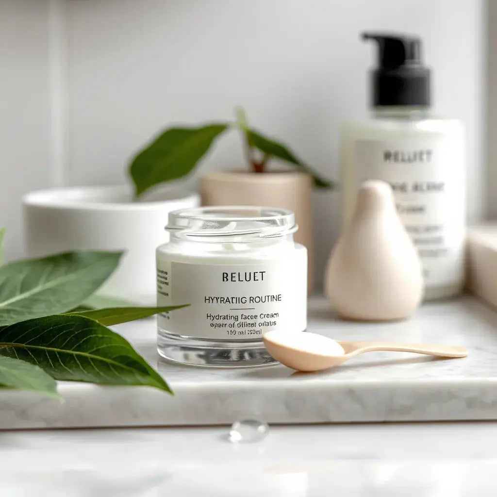 Hydrating face cream jar with a scoop, water droplets, and fresh green leaves on a clean countertop.