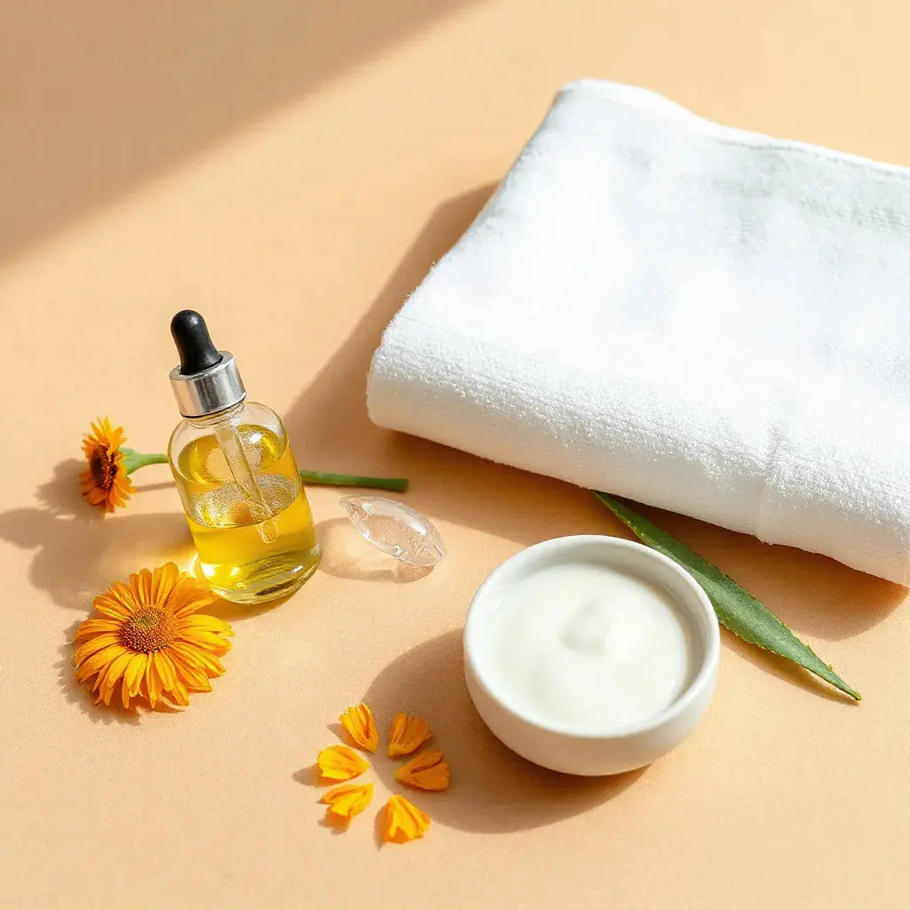 Natural skincare essentials with lotion, dropper oil, and fresh botanical ingredients on a bright background