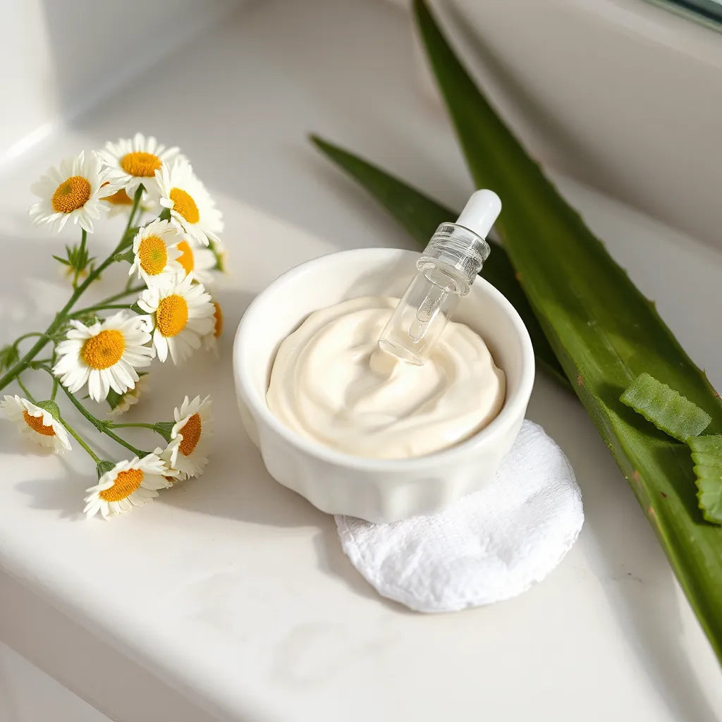 Gentle facial moisturizer and dropper beside chamomile and aloe on a clean vanity