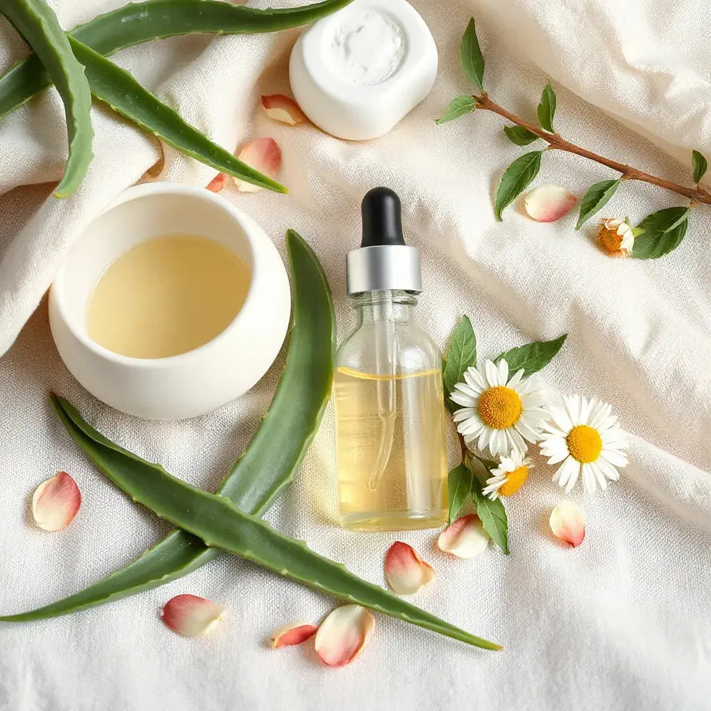 Aloe and chamomile with a glass dropper bottle of clear skincare liquid on light linen