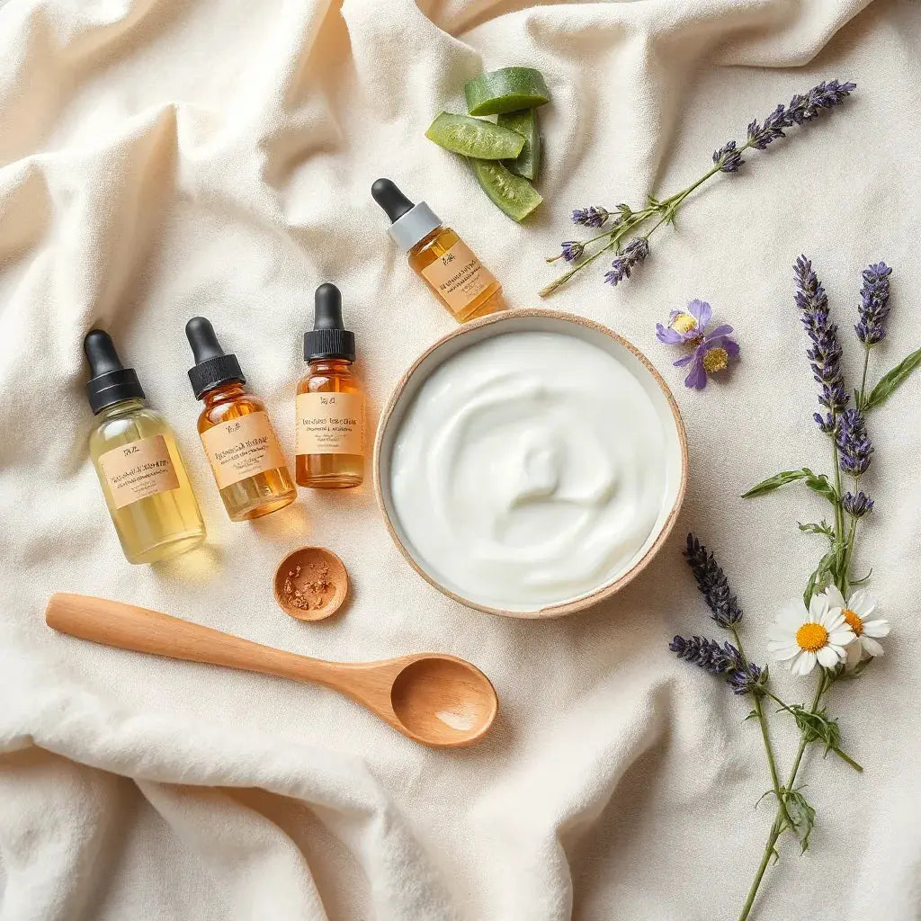 Natural skincare ingredients arranged with glass serums, moisturizer, and fresh botanicals on light fabric