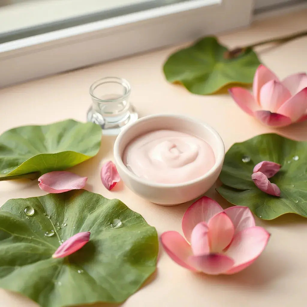 Pink lotus petals and a jar of creamy face cream on a minimal light background