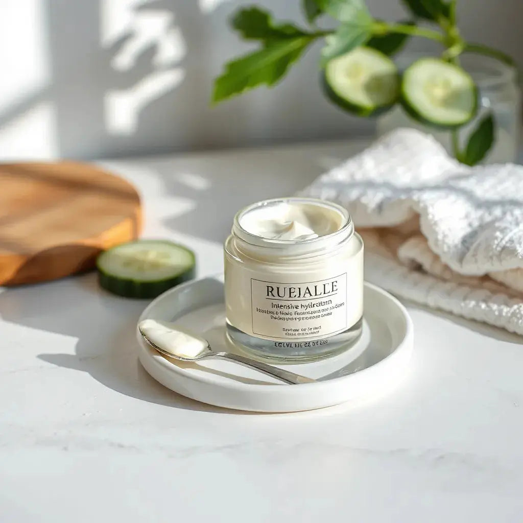 Intensive hydration cream jar with spatula on a clean dish, beside fresh cucumber slices and soft water droplets
