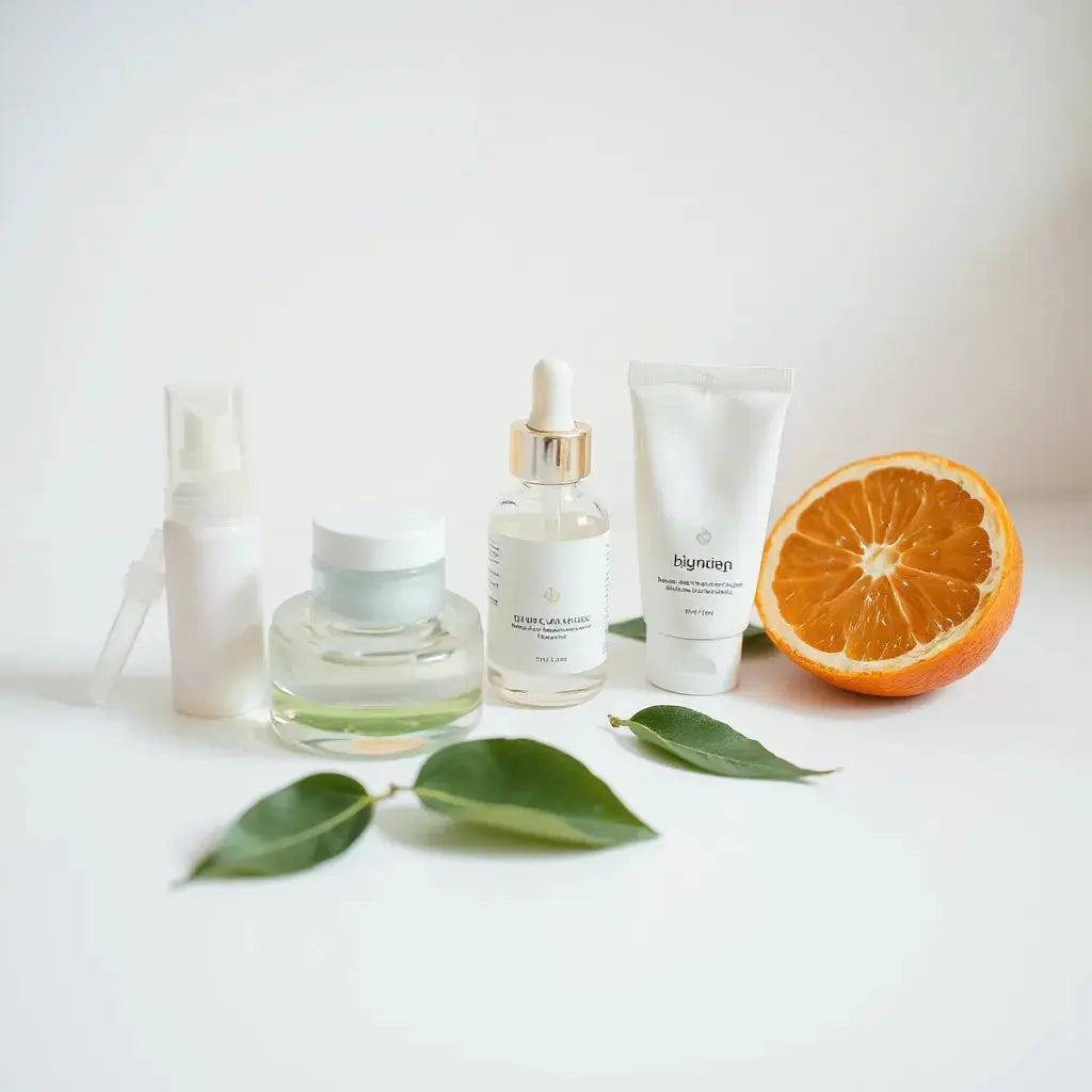 Skincare products for brightening skin tone beside citrus fruit and fresh green leaves on a clean vanity