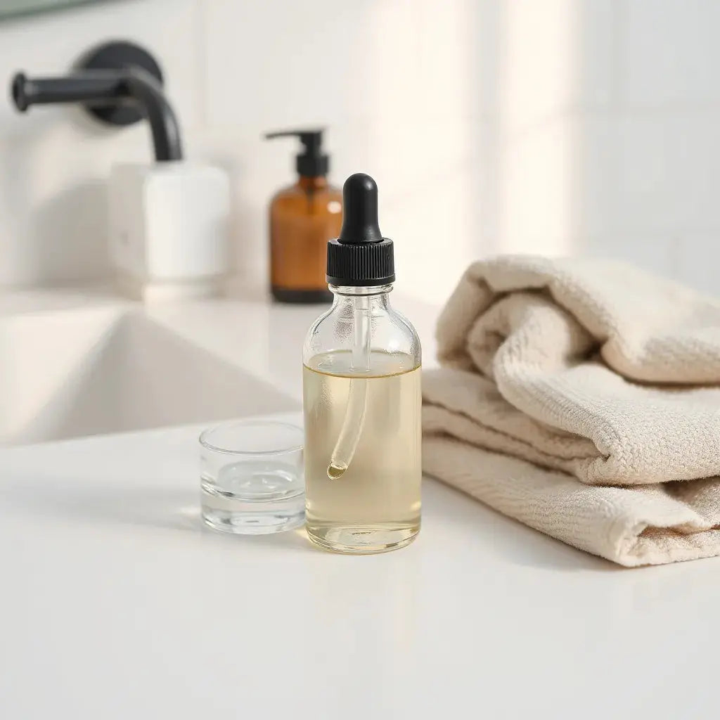 Skincare bottles and cream on a clean vanity for a simple age-defying routine