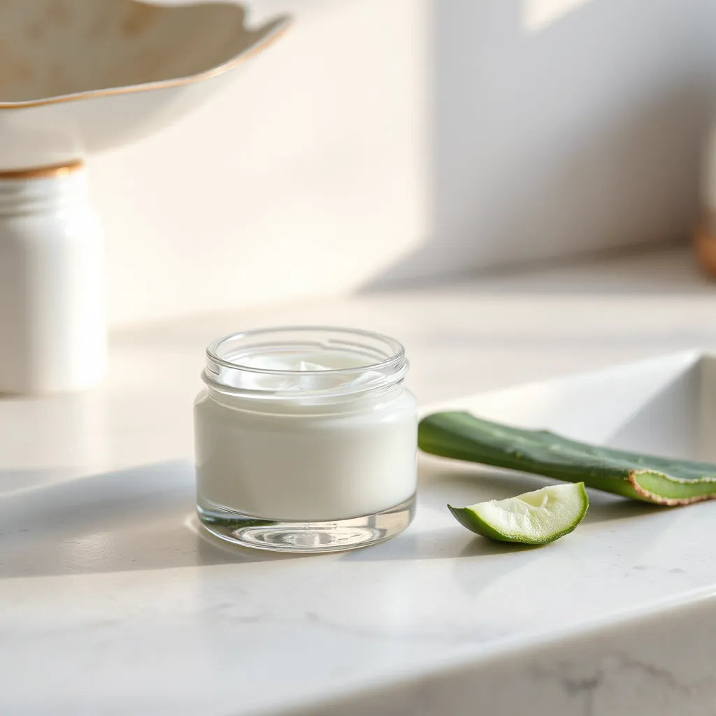Hydrating cream jar and soft cream texture with a subtle glow on hydrated skin