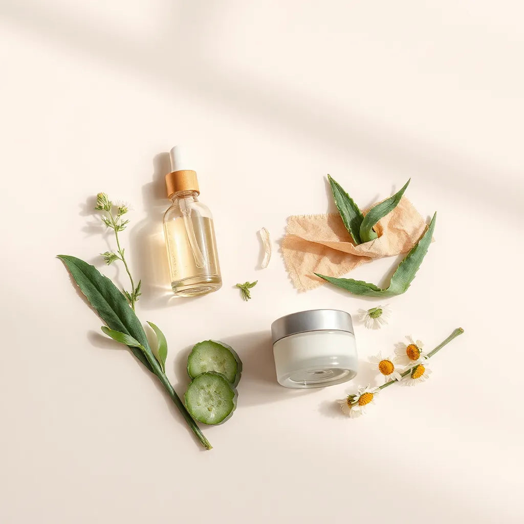 Natural skincare products with glass bottles and cream jar beside fresh botanical leaves
