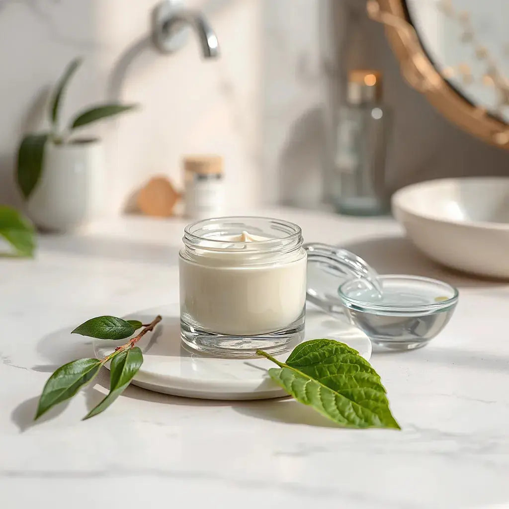 Luxury face cream jar with a smooth moisturizing texture on a minimal white vanity
