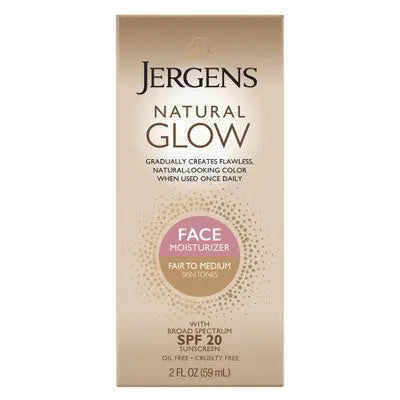 Jergens Glow Moisturizer & Self Tanner SPF 20 2 fl oz Fair to Medium - Imperfect Box This is Beauty US