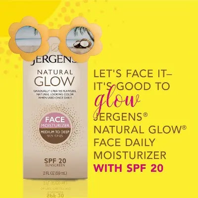 Jergens Glow Face Moisturizer Self Tanner Daily Sunscreen SPF 20 2 fl oz - Imperfect Box This is Beauty US
