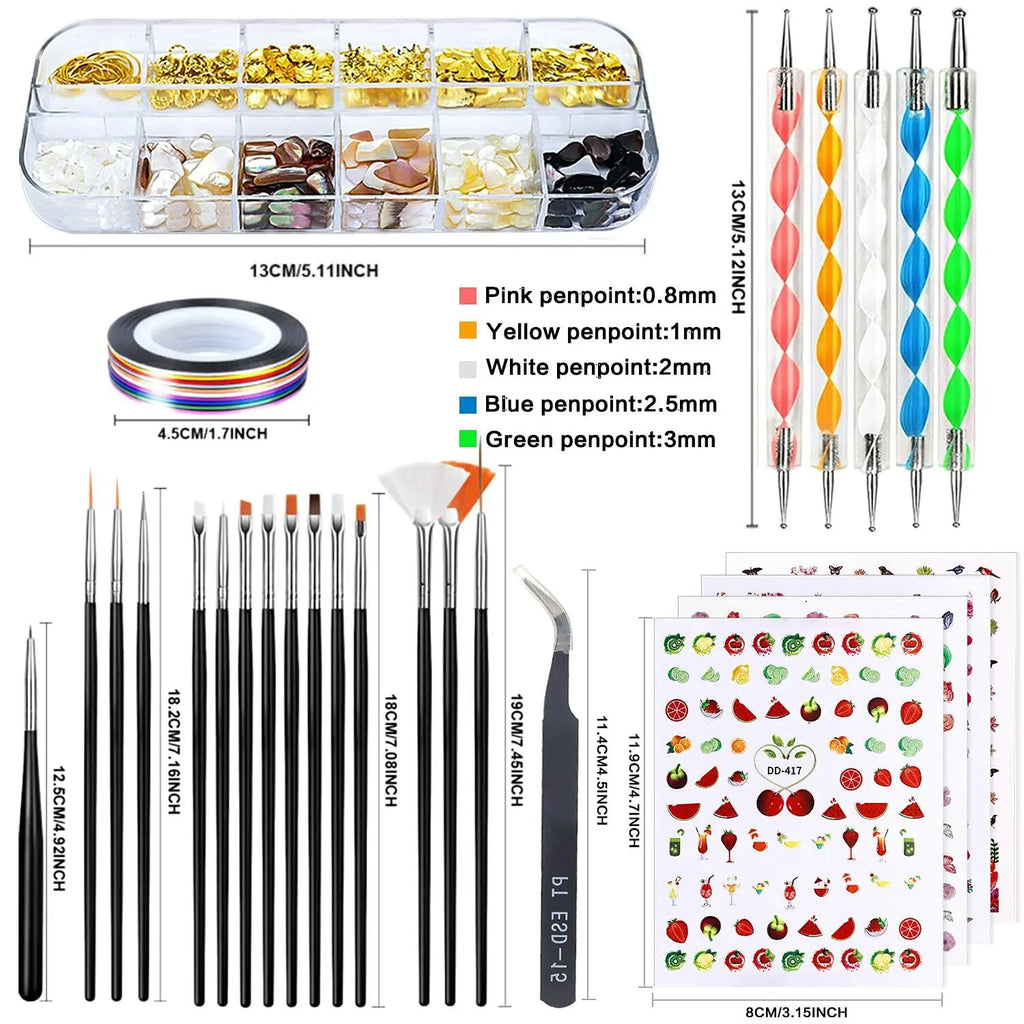 JOYJULY Nail Art Brushes Kit with Rhinestones Stickers Glitters Multi Deal US