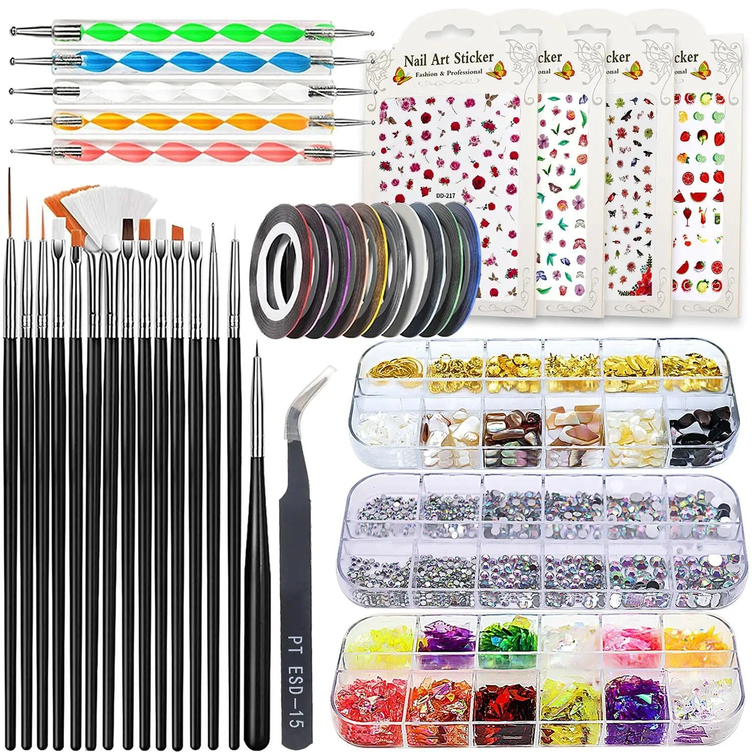 JOYJULY Nail Art Brushes Kit with Rhinestones Stickers Glitters Multi Deal US